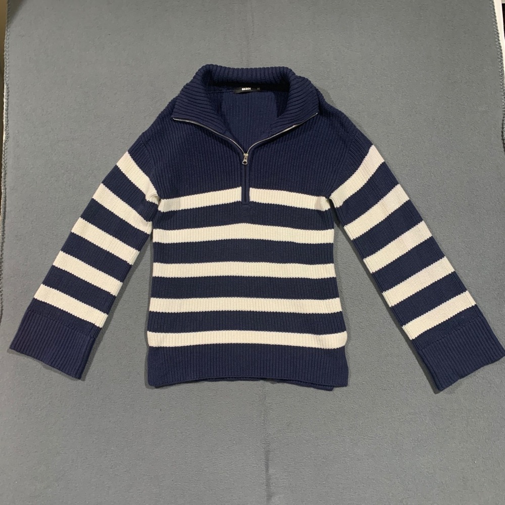 Women's Knit Navy White Striped Quarter‎ Zip Mock Neck Sweater Womens XS